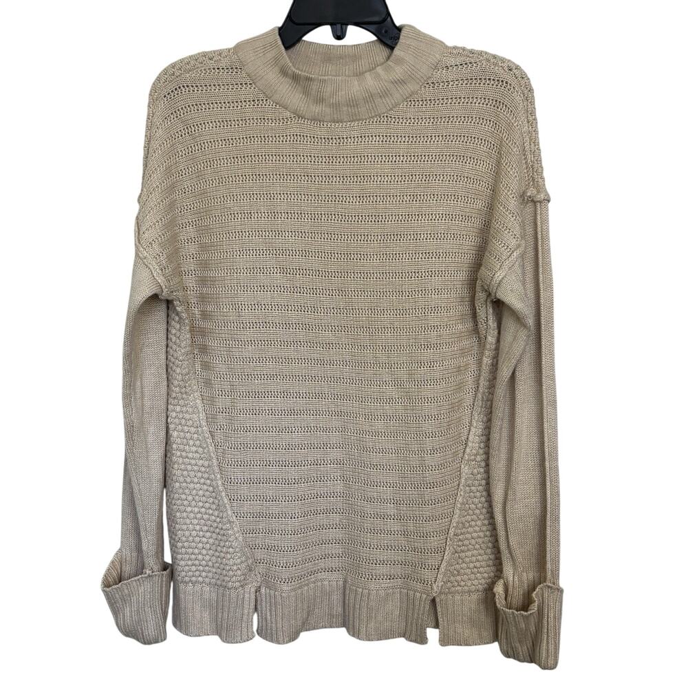 Wool Blend Beige Chunky Knit Mock Neck Sweater M Fisherman Boho Mixed Media